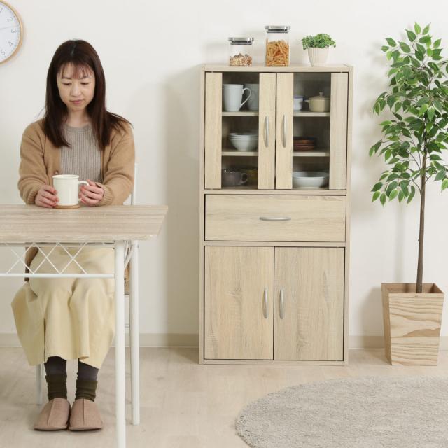 食器棚 ミドルキッチンキャビネット 幅60cm 木目調 （ カップボード