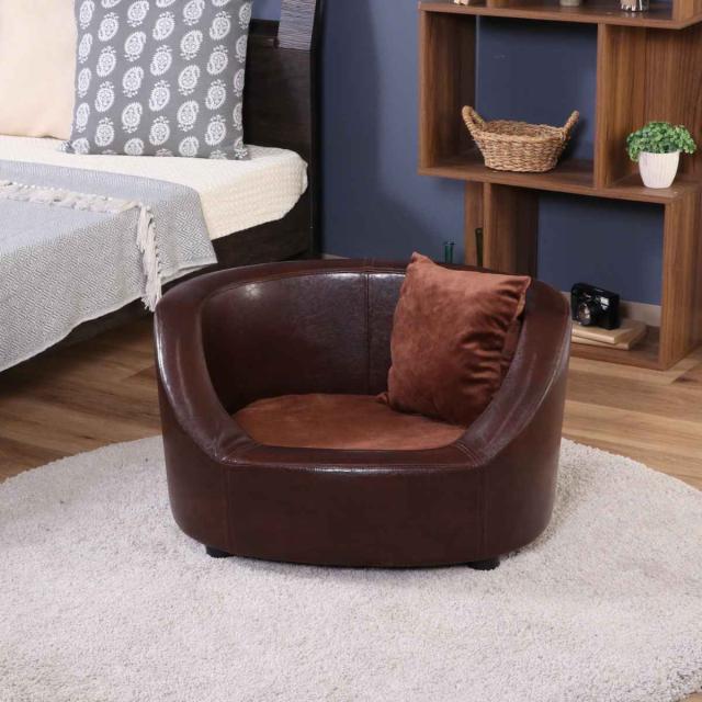 ペット用ブラウン合成皮革ベッド・クッション ペットソファ 幅66.5cm レザー調 クッション カバー （ ペットベッド