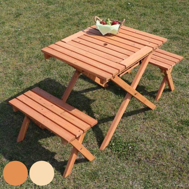ガーデンテーブル 杉材BBQテーブル＆ベンチセット ミニコンロスペース