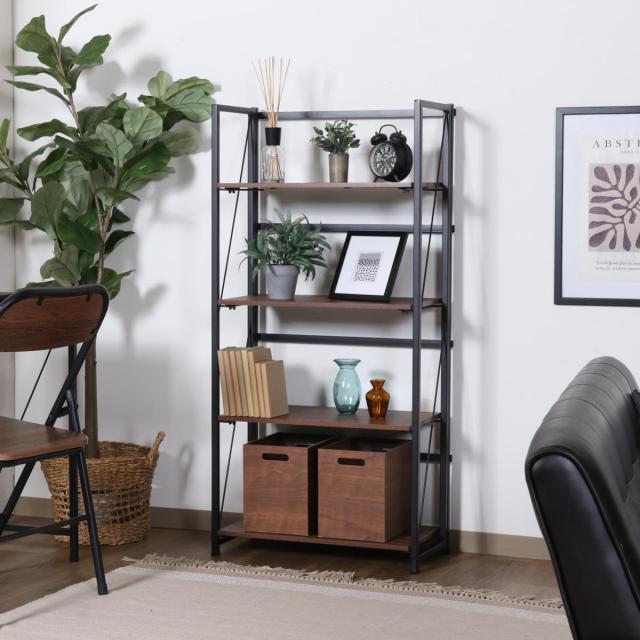 古家具ビンテージ品◾️木製無垢材 折り畳み式 4段 本棚 シェルフ 飾り棚 シェルフ 幅61cm 4段 折りたたみ式 ヴィンテージ調 （ 棚 ラック