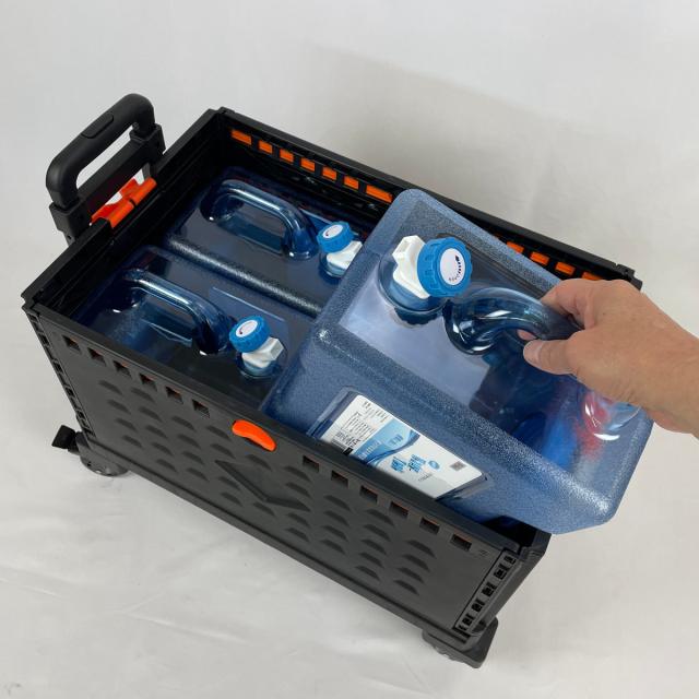 ウォータータンクカート 折りたたみコンテナ 飲料用タンク4個セット （ コック付き 水 タンク ポリタンク 8L ウォータージャグ 4個入り 給水タンク 給水 防災グッズ アウトドア キャンプ 持ち運び コンテナ キャリーカート付 ）_3
