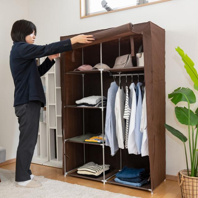 ハンガーラック ワードローブ クローゼット 衣類収納 棚付き ハンガーラック カバー付 幅105cm 棚有り 工具不要 軽量