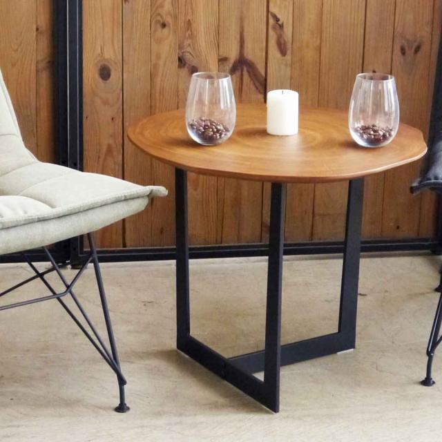 サイドテーブル 円型 ウォールナット突板 約直径55cm （ ナイトテーブル ミニテーブル カフェテーブル おしゃれ 天然木 突板 異素材 スチール ブラック 完成品 ）の通販は