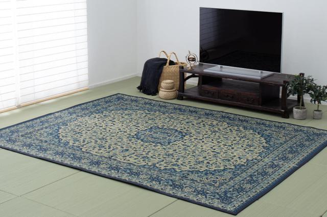 ラグ い草ラグ 191×250cm 約3畳 薄手 ござ 裏貼り コンチェルト ブルー （ い草マット マット ラグマット い草 カーペット じゅうたん センターラグ ゴザ 畳マット いぐさ 軽量 夏用 おしゃれ ペルシャ風 ）_3