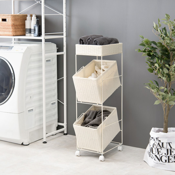 ラタン製 籐製品 3段 ランドリーラック ランドリーバスケット キャスター付 ランドリーラック 3段 ランドリーワゴン ランドリーバスケット