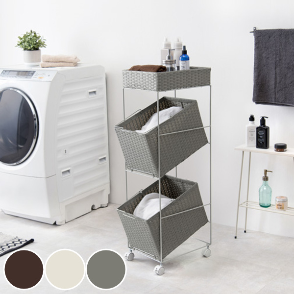 ランドリーラック 3段 ランドリーワゴン ランドリーバスケット バスケット付 縦型 ラタン調 （ ラタン スリム キャスター キャスター付 洗濯 バスケット 脱衣かご ラック 洗濯物入れ 大容量 洗濯かご 四角 収納 防水 分別 ）の通販は