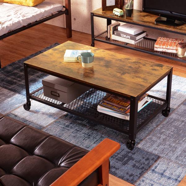 センターテーブル 幅90cm キャスター付き 木目調 ヴィンテージ調