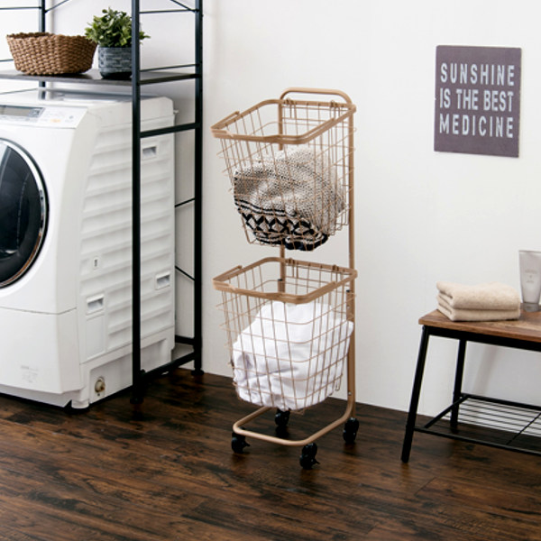 ブラック【大人気】洗濯かご ランドリーラックバスケット付き２段ワゴンナチュラル ランドリーワゴン 2段 スリム 幅35cm スクエアバスケット ランドリー