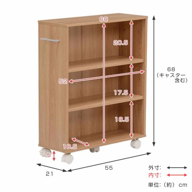 すきま収納ラック 幅21cm キャスター付 可動棚 3段 （ マガジン