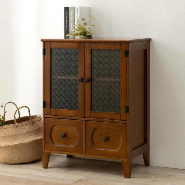 展示品】ホワイト木製チェスト ガラス扉ヴィンテージ