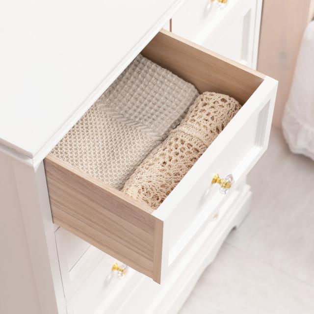 チェスト 4段5杯 クリスタル取っ手 幅60cm （ 白家具 収納 引き出し シャビー 桐製 木製 軽量 完成品 リビング収納 ホワイトインテリア 収納家具 小物収納 ホワイト おしゃれ ）