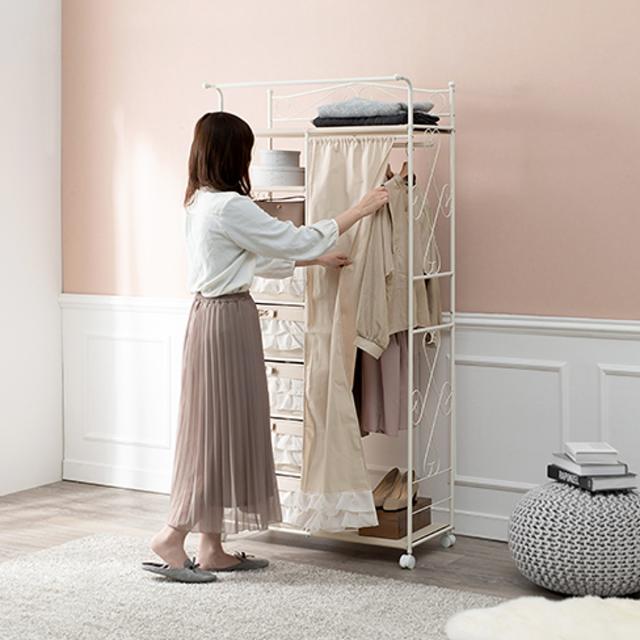 ハンガーラック カーテン付 ロートアイアン 姫系 収納ボックス付 7段