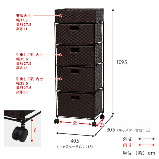 ランドリーチェスト 4段 編かご引出し キャスター付 幅40.5cm