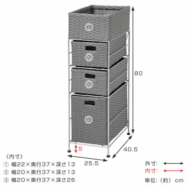 ランドリーチェスト 3段 幅25.5cm かご付 スチール ポリエチレン ...