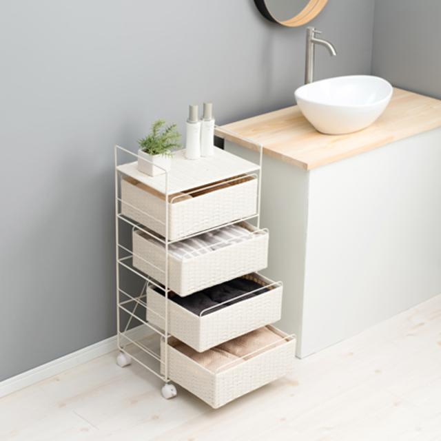 【未使用】ラタン ランドリー チェスト 4段 キャスター付 ランドリーチェスト 4段 ラタン製 キャスター付 幅60cm : リビングート