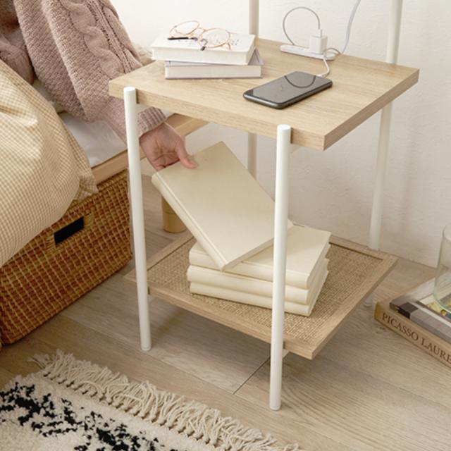 サイドテーブル 高さ70cm ラタン調 棚付き （ ナイトテーブル ベッド ソファ サイド テーブル コンセント付き ラック 収納 木目調 おしゃれ ナチュラル 北欧風 韓国風 インテリア ）_6