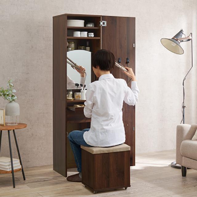 ドレッサー コンパクト 姿見ミラー スツール付き 大容量収納 高さ160cm