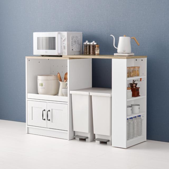 キッチンカウンター 伸縮式 食器棚 コンセント付き スライド棚扉収納付きホワイト スライド棚・コンセント付き伸縮キッチンカウンター【幅73.5～121.5