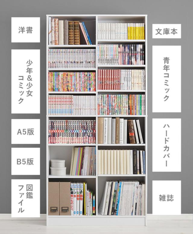 本棚 幅90cm コミック800冊収納 前後収納 可動棚 漫画収納 （ ラック 棚 シェルフ 収納 大容量 コミック収納 B6 ディスプレイラック 飾り棚 家具 A4 壁面収納 1.6cmピッチ シンプル ）_10