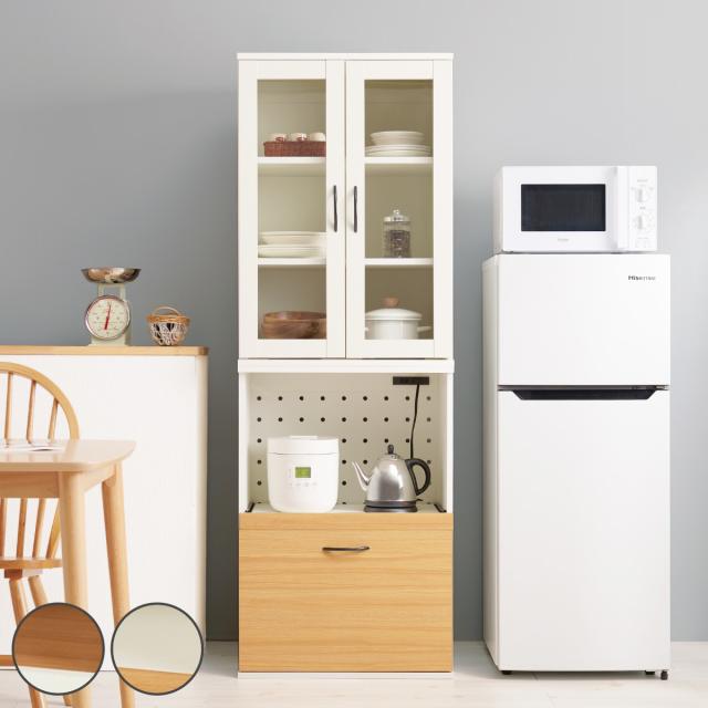 並べて使える 食器棚 幅60cm 2口コンセント スライド棚 Aタイプ （ カップボード 棚 ラック キッチン 収納 引き出し 省スペース 可動棚 コンセント付 家具 食器収納 ナチュラル ホワイト ）