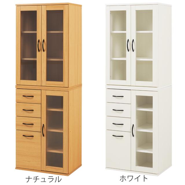 並べて使える 食器棚 幅60cm ガラス扉収納 Bタイプ （ カップボード 棚 ラック キッチン 収納 引き出し 省スペース 可動棚 家具 食器収納 ナチュラル ホワイト ）_2
