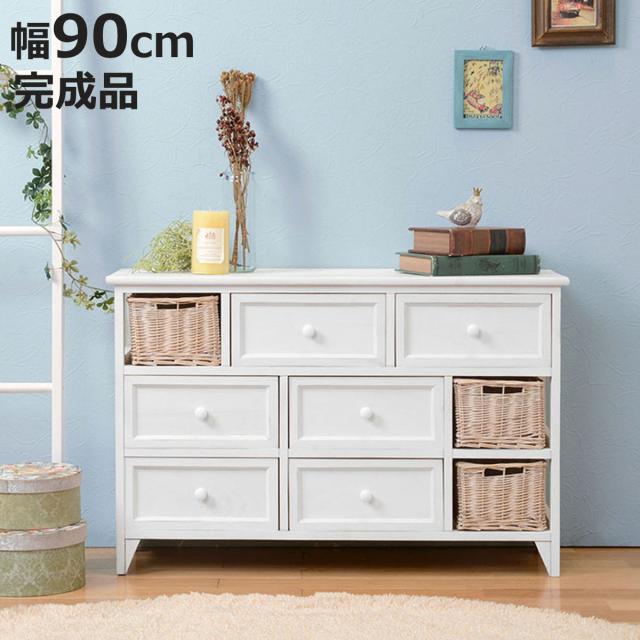ローチェスト 幅90cm 3段 カゴ付 完成品 天然木 桐製 （ チェスト 収納 背面化粧 たんす 洋タンス 桐 バスケット付 キャビネット リビング収納 三段 引き出し 白 家具 フレンチカントリー 木製 ）の通販は 24,800円