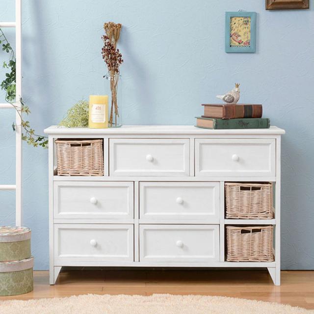 ローチェスト 幅90cm 3段 カゴ付 完成品 天然木 桐製 （ チェスト 収納 背面化粧 たんす 洋タンス 桐 バスケット付 キャビネット リビング収納 三段 引き出し 白 家具 フレンチカントリー 木製 ）の通販は 24,800円