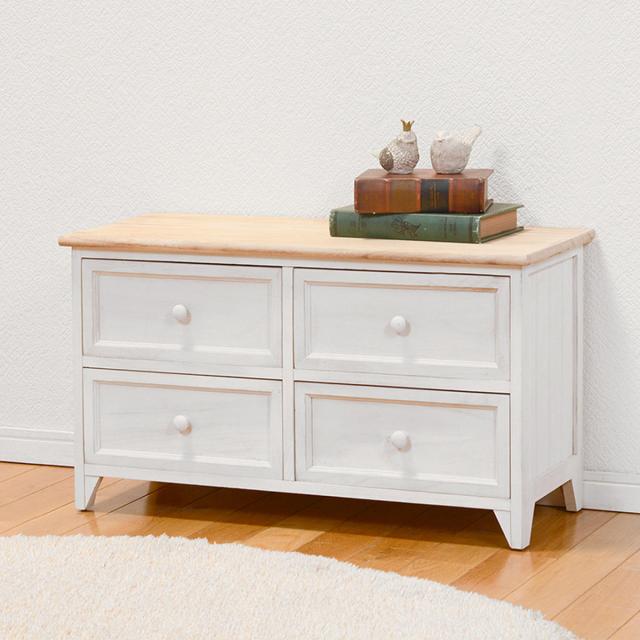 ローチェスト 幅75cm 2段 引出し4杯 完成品 天然木 （ チェスト 収納 背面化粧 たんす 洋タンス 桐 飾り棚 棚 ラック キャビネット リビング収納 二段 4杯 引き出し 白 家具 フレンチカントリー 木製 ）