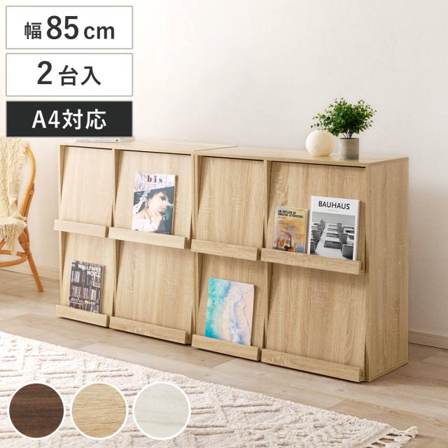 フラップ ディスプレイラック 2台入 幅85cm 2列2段 連結可能 （ ラック 棚 ディスプレイ フラップ扉 A4対応 収納 2台セット 本棚 大容量 薄型 隠す収納 ブラウン ナチュラル ホワイトウォッシュ ）