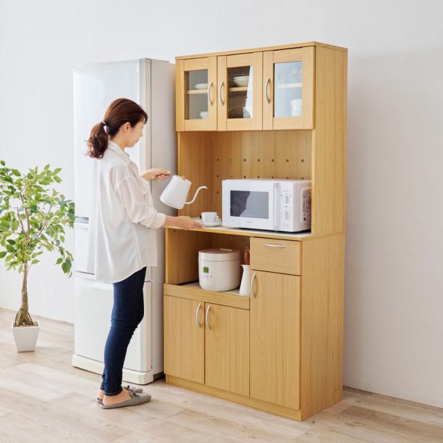 ラタン調キッチンカウンター 幅88cm 引き出し付き・扉付き NATURAL