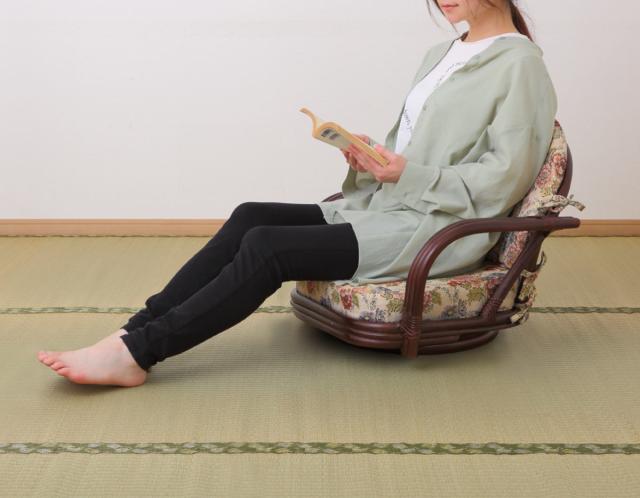 ラタン 籐 回転座椅子 リクライニング 花柄 クッション チェア ラタン