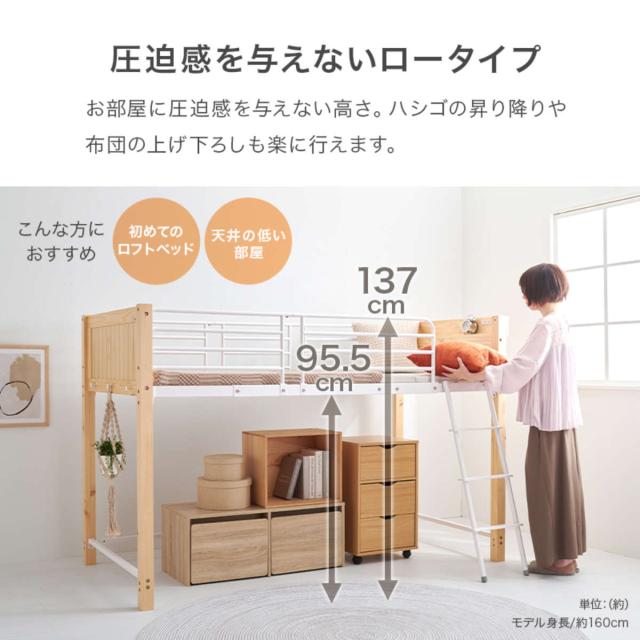 美品 ロフトベッド ロータイプ (宮/コンセント二口付き) ロフトベッド ロータイプ ロフトベット ミドル 子供ベッド 大人用