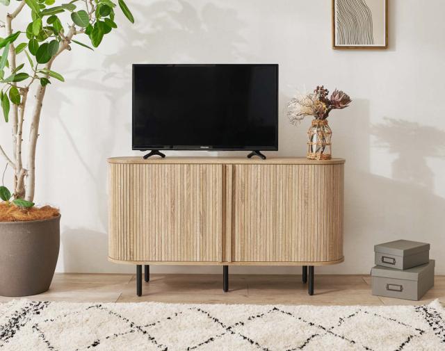 テレビ台 幅119cm 脚付き ジャバラ ハイタイプ 木目調 お掃除ロボット対応 おしゃれ （ テレビボード TV台 収納 サイドボード タンブール扉 可動棚 リビングボード 飾り棚 ラック 棚 スライド扉 ブラウン ナチュラル ホワイト ）_15