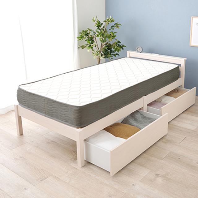 3分組立ベッド シングル ポケットコイルマットレス付 引出し収納 宮棚 2口コンセント （ ベッド 3分組み立て 組み立て簡単 圧縮梱包 収納付き 工具不要 マットレスセット 耐荷重200kg ライトブラウン ナチュラル ウォッシュホワイト ）