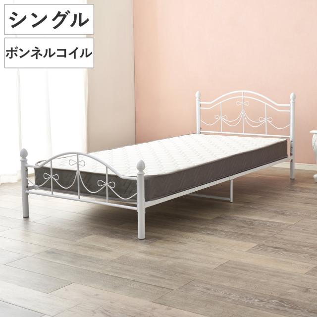 ベッド シングル ボンネルコイルマットレス付 姫系 白家具 （ マットレス付 2段階高さ調節 メッシュ床板 圧縮梱包 ボンネルコイル 厚さ14.5cm 棚付き ホワイト プリンセス リボン 装飾 ）