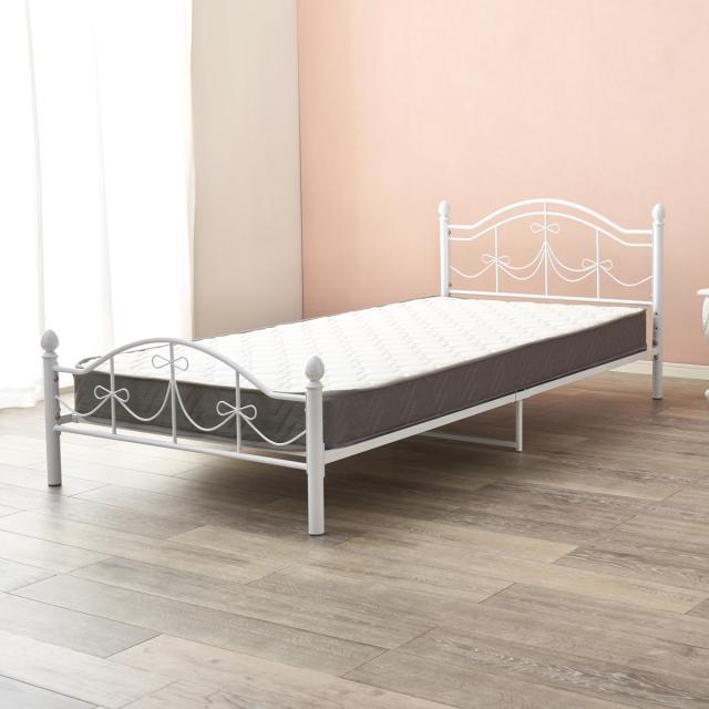 ベッド シングル ボンネルコイルマットレス付 姫系 白家具 （ マットレス付 2段階高さ調節 メッシュ床板 圧縮梱包 ボンネルコイル 厚さ14.5cm 棚付き ホワイト プリンセス リボン 装飾 ）