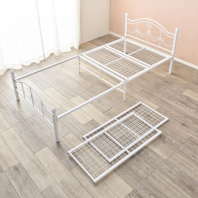 ベッド シングル ボンネルコイルマットレス付 姫系 白家具 （ マットレス付 2段階高さ調節 メッシュ床板 圧縮梱包 ボンネルコイル 厚さ14.5cm 棚付き ホワイト プリンセス リボン 装飾 ）