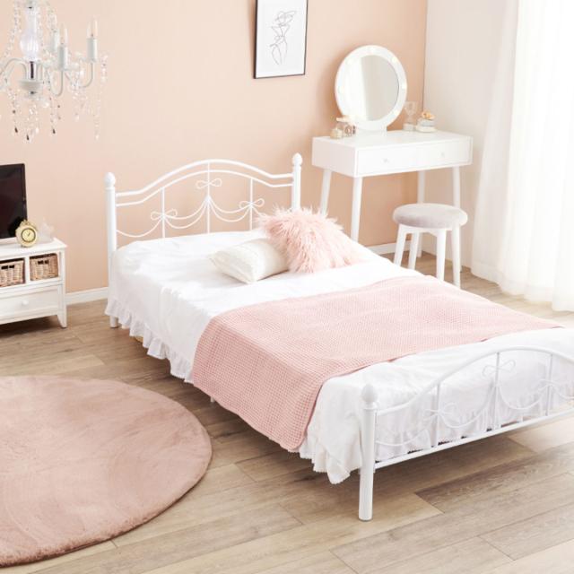 ベッド シングル ボンネルコイルマットレス付 姫系 白家具 （ マットレス付 2段階高さ調節 メッシュ床板 圧縮梱包 ボンネルコイル 厚さ14.5cm 棚付き ホワイト プリンセス リボン 装飾 ）