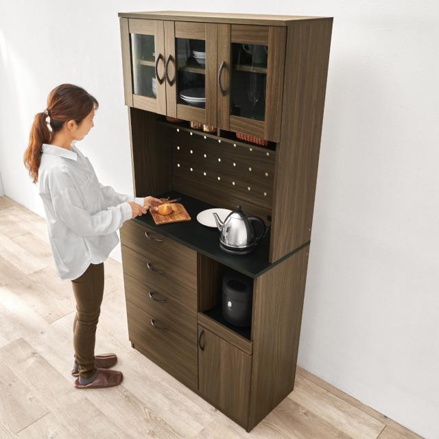 【美品】食器棚　木目調オープンシェルフ引き出し　コンセント付き 食器棚 幅89cm コンセント付き 木目調 大容量 （ カップボード 引出し4