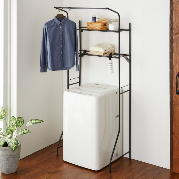 洗濯機ラック 幅59〜81cm 洗濯機ラックハンガー掛け付き （ 洗濯機収納 収納 幅77cm ラック 洗濯機 伸縮 スリム ランドリー 棚 ハンガー掛け ランドリー収納 タオル掛け 収納ラック 隙間 洗濯機棚 収納棚 2段 ）の通販は 6,380円