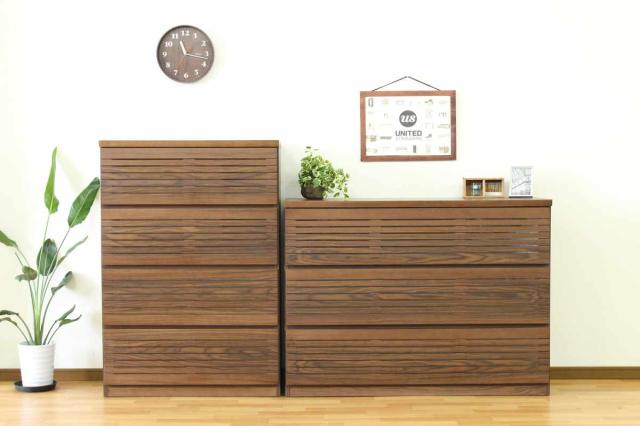 ハイチェスト 幅80cm 4段 フルオープン 天然木 完成品 （ チェスト ハイタイプ 衣類収納 棚 ラック フルスライドレール 木製 リビングボード 4杯 ナチュラル ウォールナット 背面化粧 桐 収納 ）