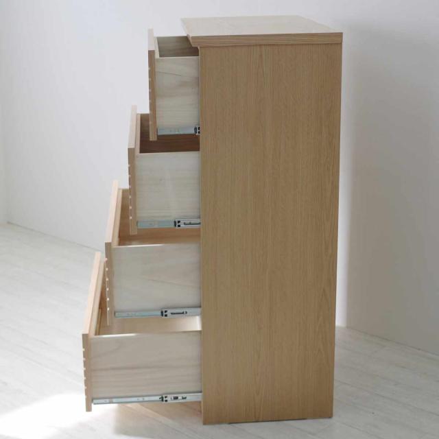 ハイチェスト 幅80cm 4段 フルオープン 天然木 完成品 （ チェスト ハイタイプ 衣類収納 棚 ラック フルスライドレール 木製 リビングボード 4杯 ナチュラル ウォールナット 背面化粧 桐 収納 ）