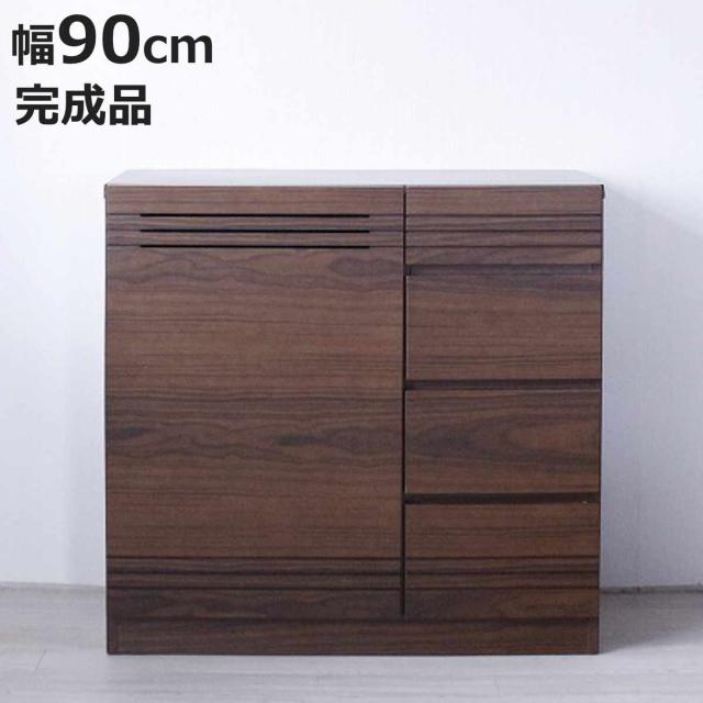 サイドボード 幅90cm 木目 背面化粧 天然木 完成品 （ チェスト 4段 A4対応 棚 ラック 引き出し 扉収納 収納 テレビ台 リビングボード プリンター収納 デッキ収納 可動棚 シンプル ）