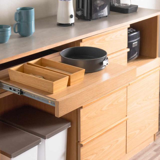 キッチンカウンター 幅140cm メラミン天板 天然木 完成品 （ カウンター キッチン 収納 フルスライドレール 木製 リビングボード ゴミ箱上 引き出し 4段 5杯 可動棚 ソフトクローズ シンプル ）