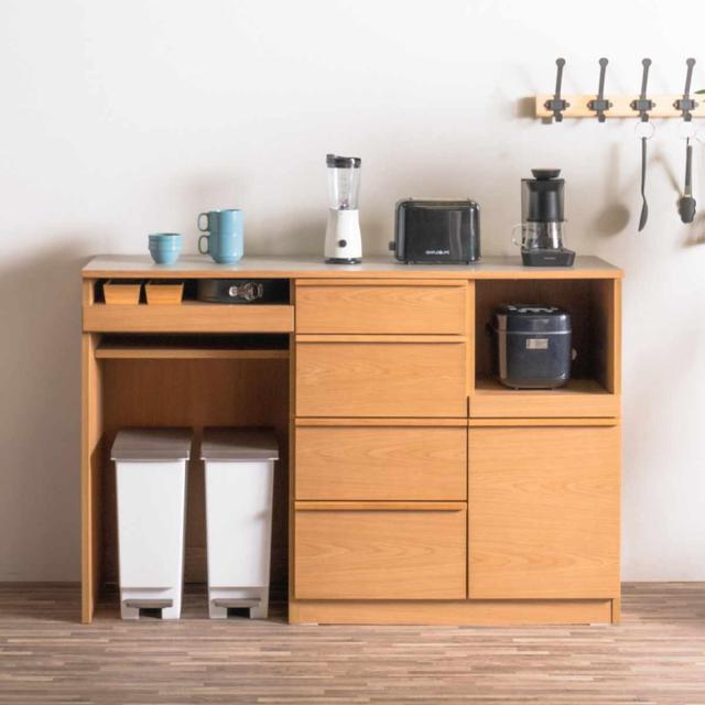 キッチンカウンター 幅140cm メラミン天板 天然木 完成品 （ カウンター キッチン 収納 フルスライドレール 木製 リビングボード ゴミ箱上 引き出し 4段 5杯 可動棚 ソフトクローズ シンプル ）