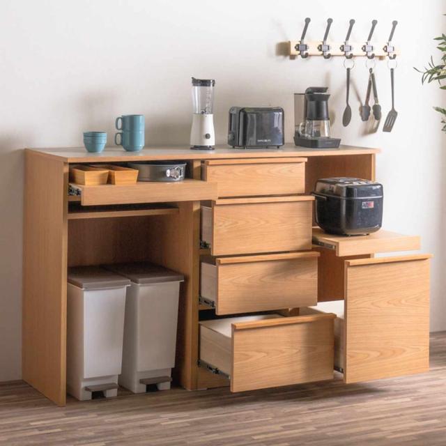 キッチンカウンター 幅140cm メラミン天板 天然木 完成品 （ カウンター キッチン 収納 フルスライドレール 木製 リビングボード ゴミ箱上 引き出し 4段 5杯 可動棚 ソフトクローズ シンプル ）