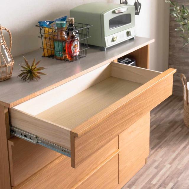キッチンカウンター 幅140cm メラミン天板 天然木 完成品 （ カウンター キッチン 収納 フルスライドレール 木製 リビングボード ゴミ箱上 引き出し 4段 5杯 可動棚 ソフトクローズ シンプル ）