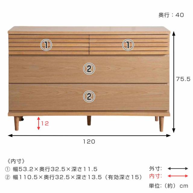 チェスト 幅120cm 3段4杯 脚付き ルーバーデザイン 完成品 （ 棚 ラック 収納 引き出し お掃除ロボット対応 リビングボード フルスライドレール 4杯 衣類収納 ルーバー シンプル ）_2