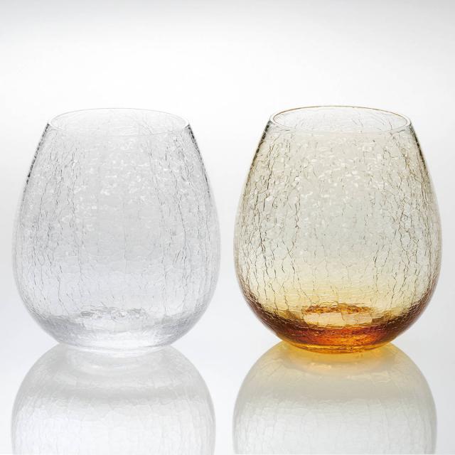 廣田硝子 コップ 350ml 花蕾 貫入 透明・アンバーセット 2個入 （ タンブラー ガラス 日本製 ペアセット 桐箱入り おしゃれ シンプル テーブルウェア クリア 美しい 和 洋 食器 ）