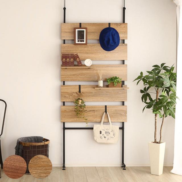 突っ張り 幅80cm ラダーラック木目調 つっぱり 収納 スチール ヴィンテージ調 （ ラック 壁面収納 壁面ラック 収納ラック ウォールシェルフ 80 棚 薄型 オープンラック パーテーション 間仕切り スリム 仕切り フック 壁 ）の通販は